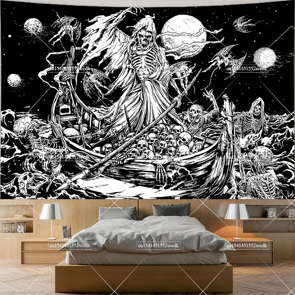 The Lovers Skull Tapestry - Black and White Tarot