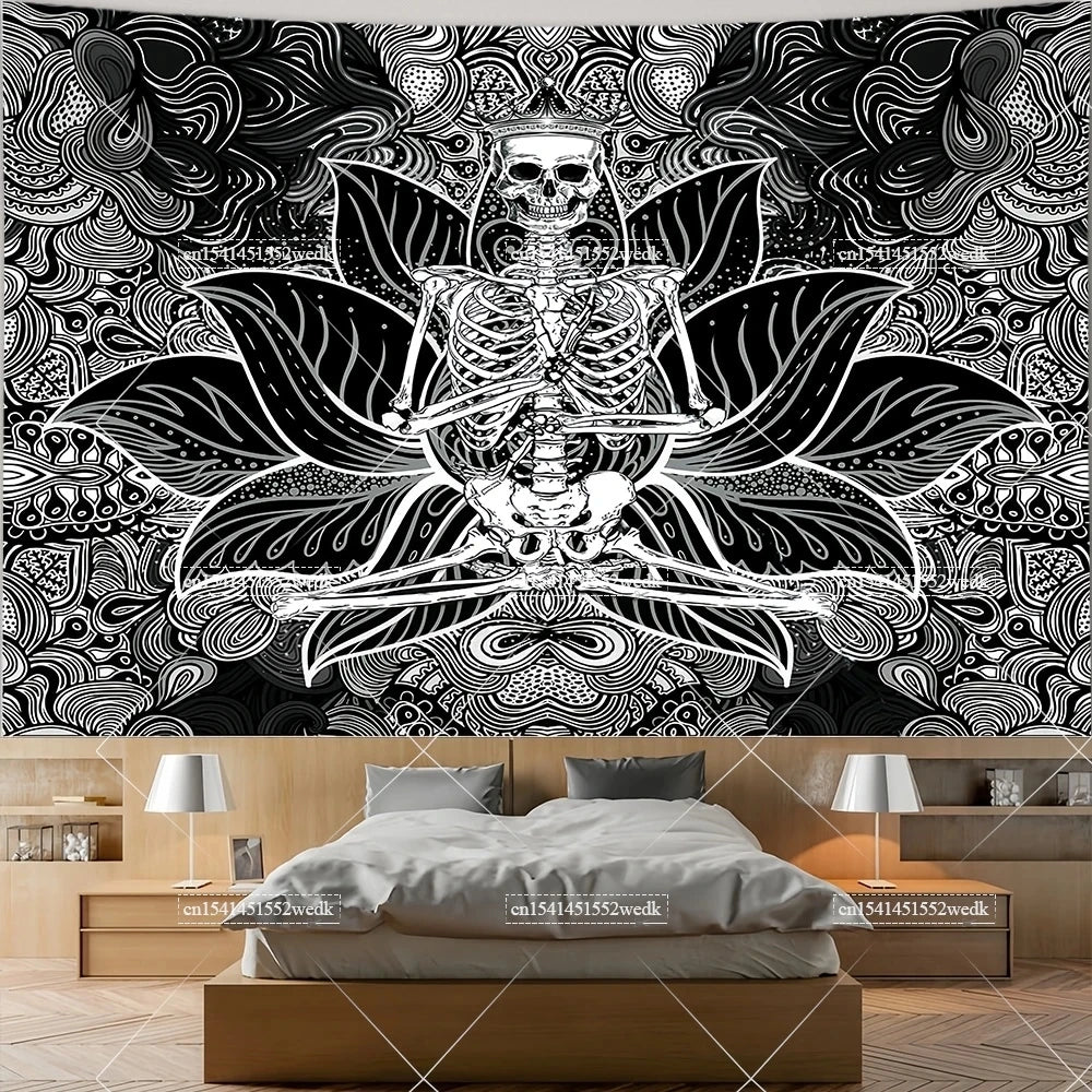 The Lovers Skull Tapestry - Black and White Tarot