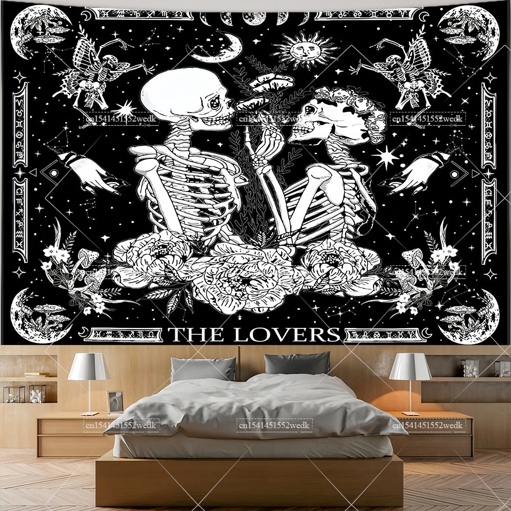 The Lovers Skull Tapestry - Black and White Tarot