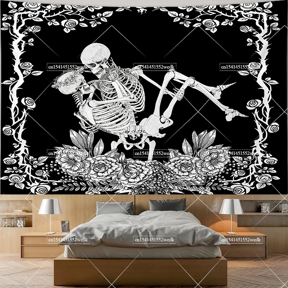 The Lovers Skull Tapestry - Black and White Tarot