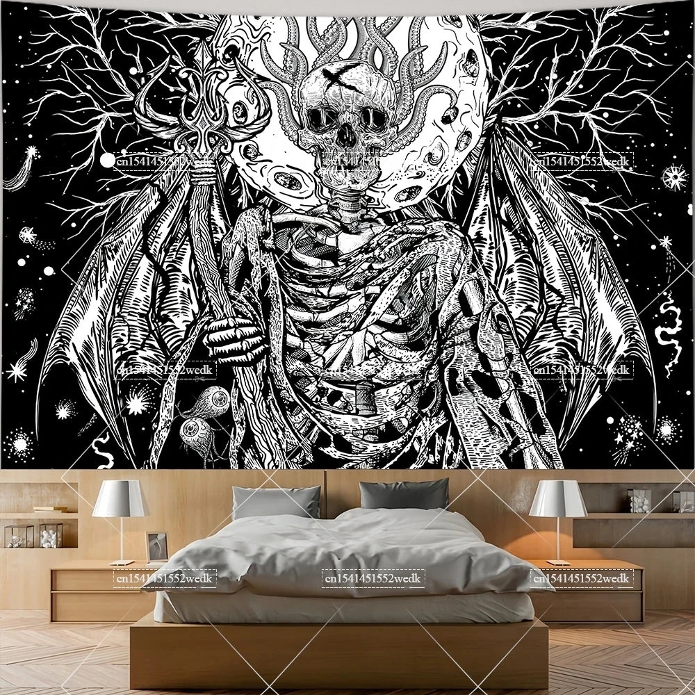 The Lovers Skull Tapestry - Black and White Tarot