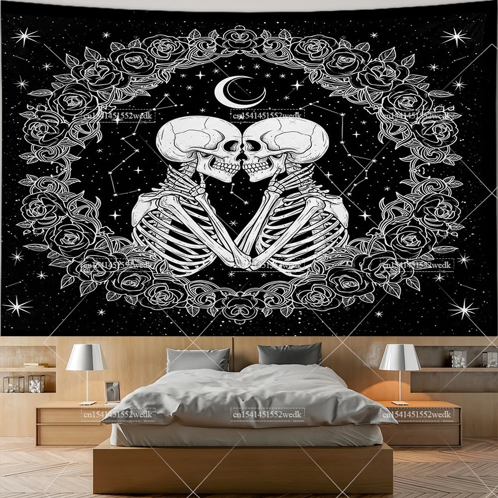 The Lovers Skull Tapestry - Black and White Tarot
