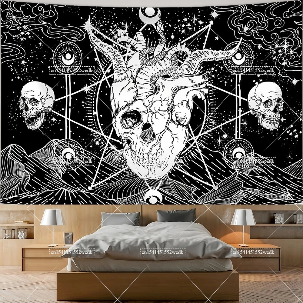 The Lovers Skull Tapestry - Black and White Tarot