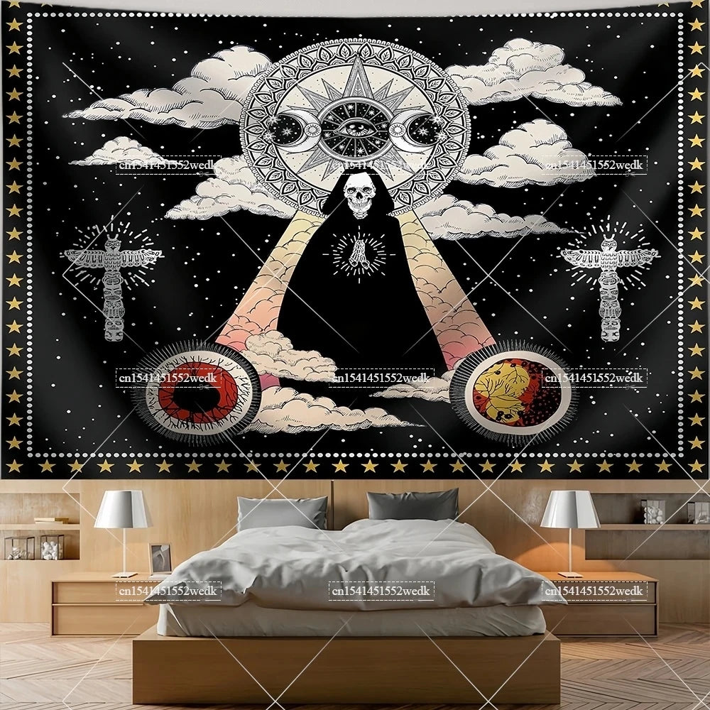 The Lovers Skull Tapestry - Black and White Tarot