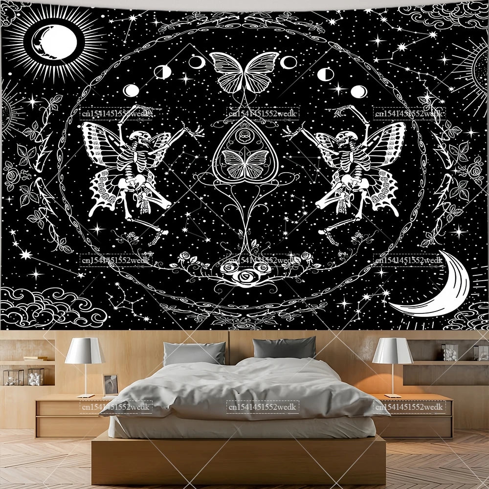 The Lovers Skull Tapestry - Black and White Tarot