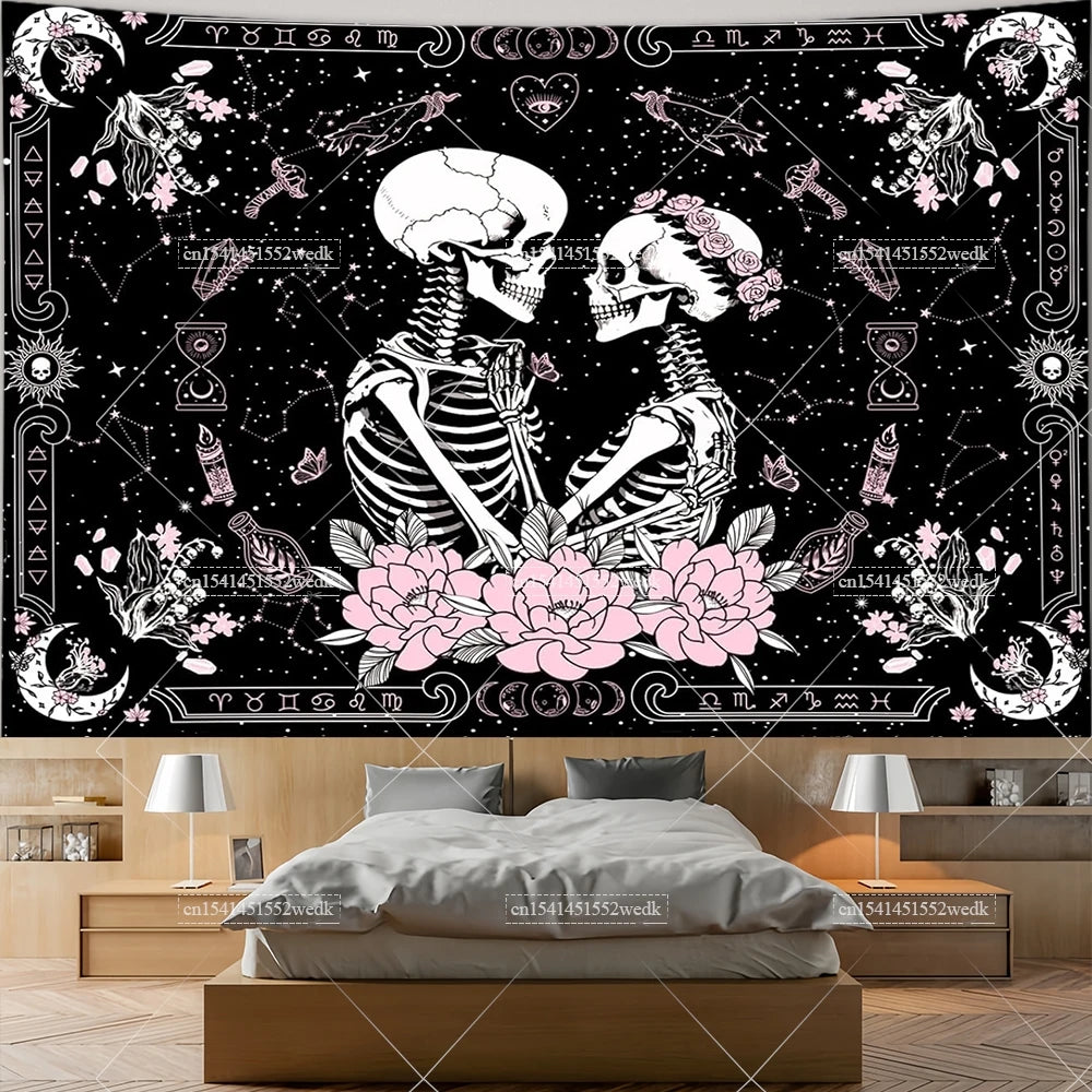 The Lovers Skull Tapestry - Black and White Tarot