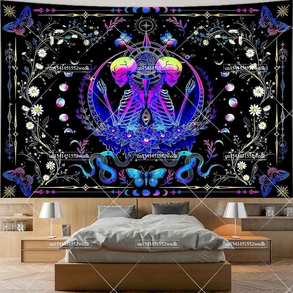 The Lovers Skull Tapestry - Black and White Tarot
