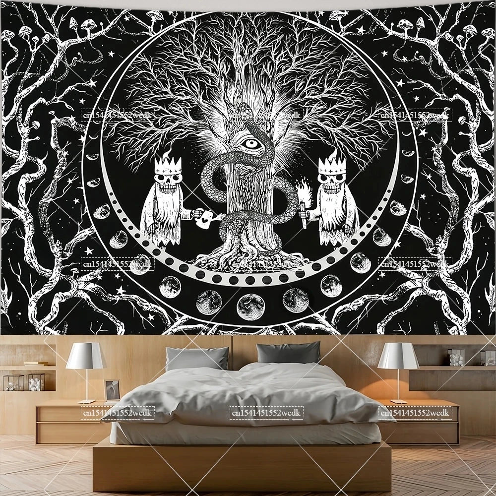 The Lovers Skull Tapestry - Black and White Tarot