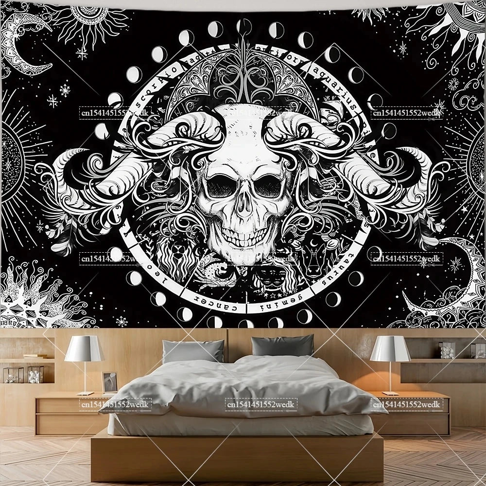 The Lovers Skull Tapestry - Black and White Tarot