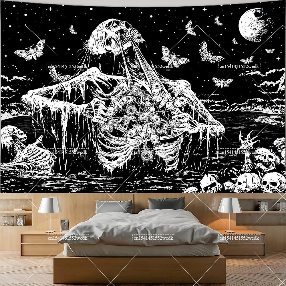 The Lovers Skull Tapestry - Black and White Tarot