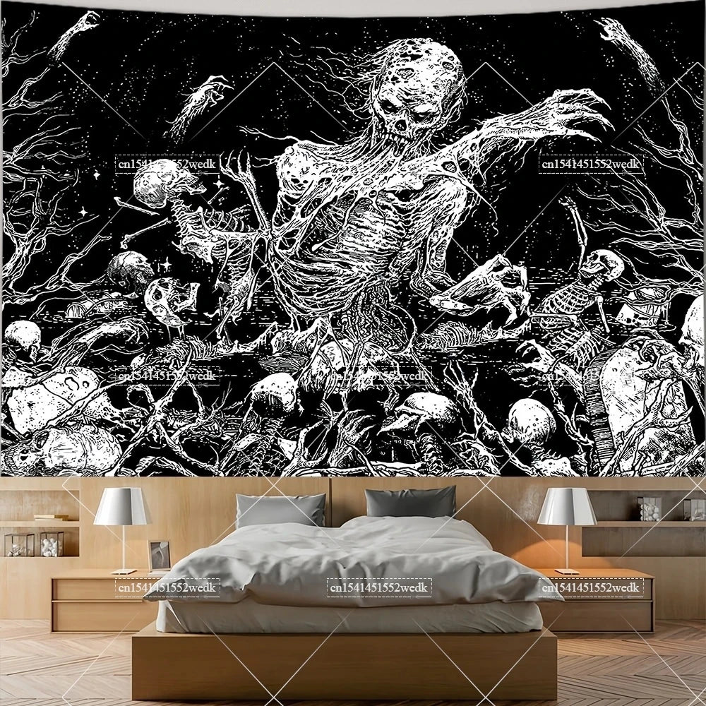 The Lovers Skull Tapestry - Black and White Tarot